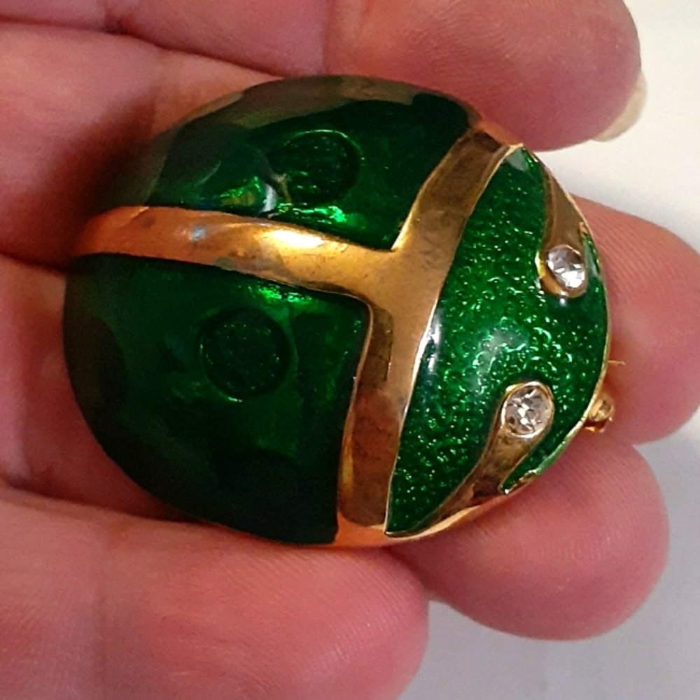 Large Vtg Green Enamel Bug Beetle Pin Brooch - Picture 4 of 4